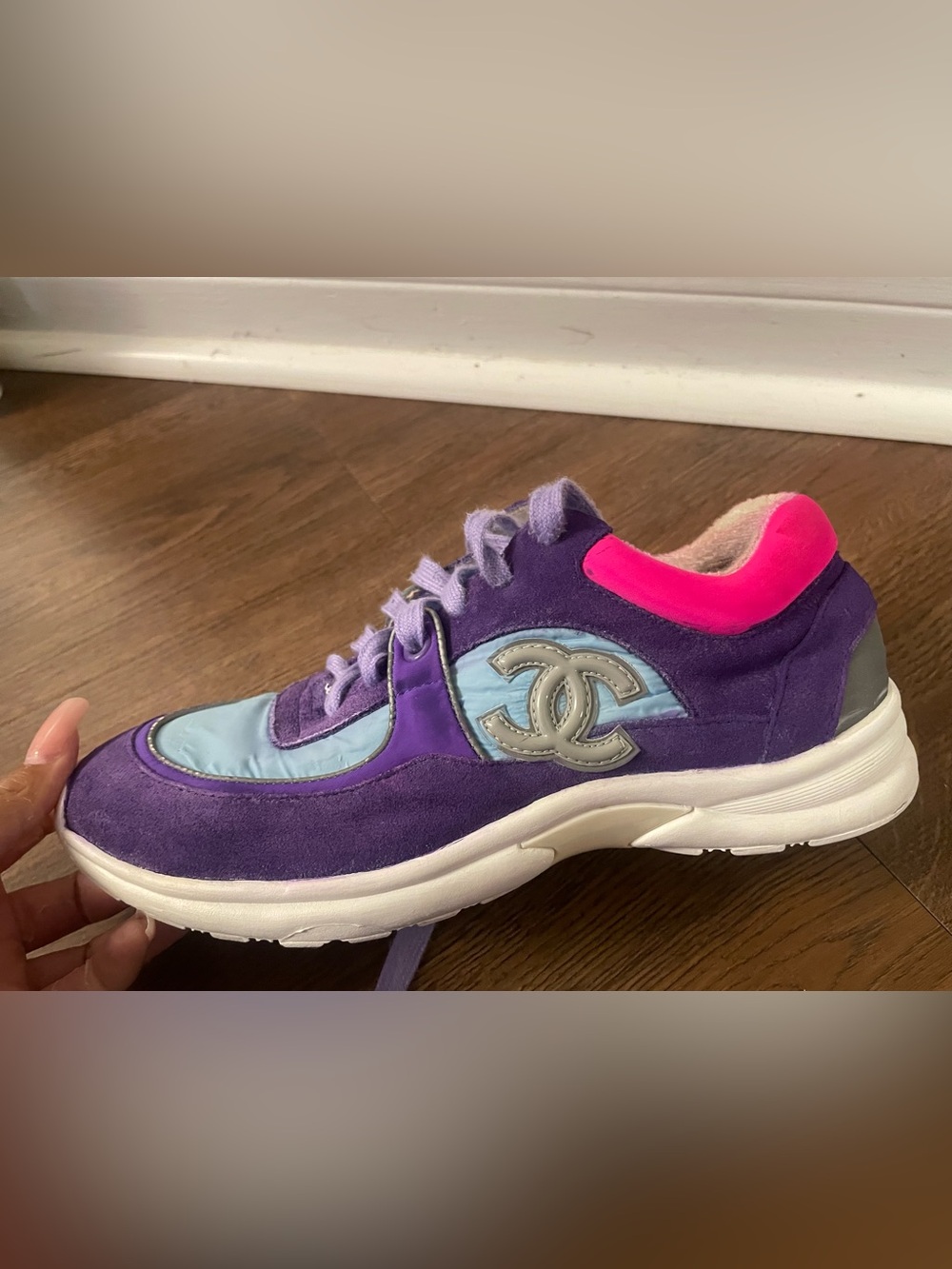 Authentic CHANEL Purple, Light Blue & Hot Pink Suede Runner Sneaker